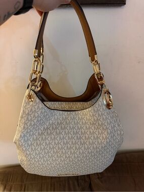 Michael Kors Cream Logo Hobo Bag with Brown Trim and Gold Hardware